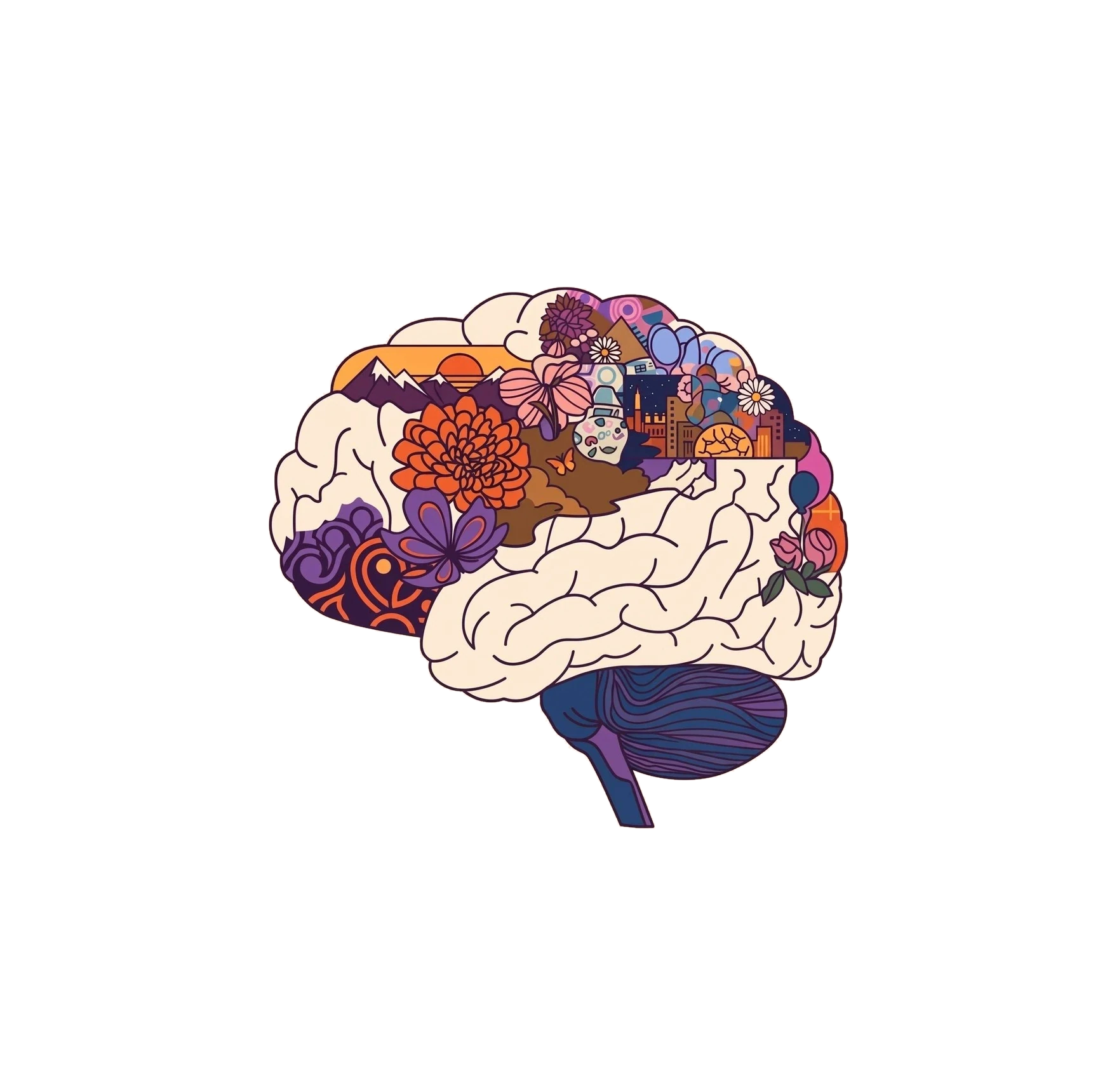 Ilustração de um cérebro cheio de elementos coloridos (flores, montanhas, cidade), com cinco pontos ao redor: Visão, Audição, Tato, Olfato e Paladar.